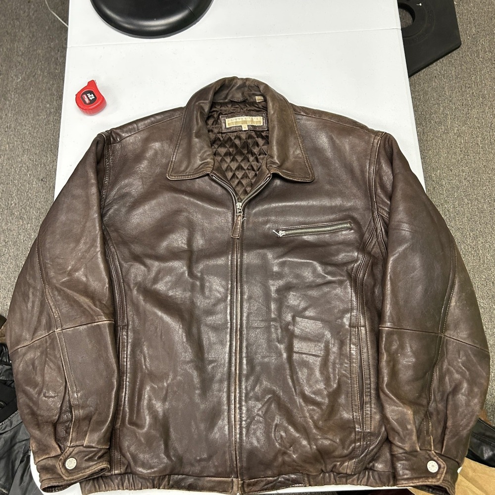 Perry Ellis Leather Bomber Jacket Mens XL Brown Quilted Lined Full Zip F3